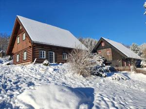 una baita di tronchi con neve sul terreno di fronte di Villa in Cerna Hora near Ski Slopes a Horní Maršov