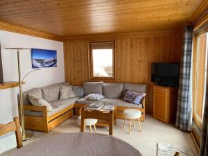 ein Wohnzimmer mit Sofa und Fernseher in der Unterkunft Charmant 3 pièces à Méribel, 5 pers, balcon, WIFI, garage - FR-1-411-969 in Les Allues