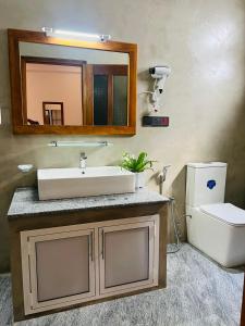 a bathroom with a sink and a mirror and a toilet at Sunset Bay in Dickwella