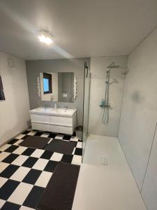 a bathroom with a sink and a shower at PAUSE NATURE SORBAIS gîte 2 personnes avec grand SPA privatif, STREAMING et arrivée autonome in Sorbais