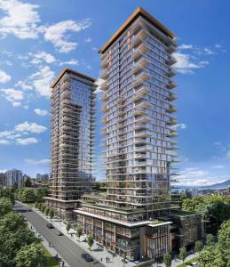 een weergave van een gebouw met twee hoge torens bij Boutique New 1-Bedroom Condo in Heart of Downtown in Vancouver