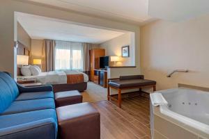 ウィルクス・バリにあるComfort Inn & Suites Wilkes Barre - Arenaのベッド、ソファ、バスタブが備わるホテルルームです。 +34枚の写真