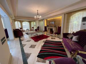 ein Wohnzimmer mit Couch und Kamin in der Unterkunft Shorouk Mansion in Madīnat ash Shurūq