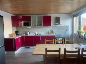 a kitchen with red cabinets and a wooden table at Apartmán Čížci Horní Maršov in Horní Maršov