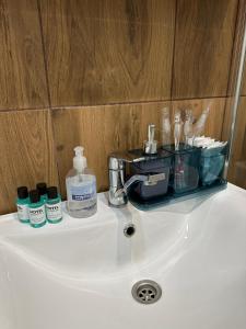 a bathroom sink with a soap dispenser on it at Чотири стихії in Mizhhirʼʼya