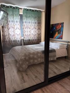 a mirror reflection of a bed in a bedroom at Apartament ANNA in Carei