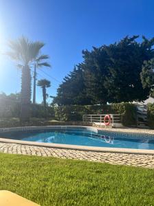 a swimming pool in the grass with a palm tree at Casa Da Praia in Luz