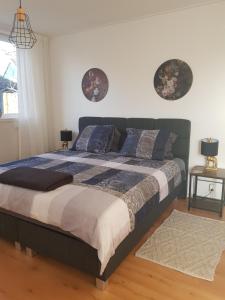 a bedroom with a large bed with blue pillows at Onder de Beukenboom in Nieuwe Pekela
