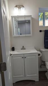 a bathroom with a white sink and a mirror at PALO ALTO PRIVATE APARTMENT with kitchen, laundry and Near Stanford in East Palo Alto