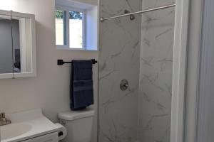 a bathroom with a shower with a toilet and a sink at PALO ALTO PRIVATE APARTMENT with kitchen, laundry and Near Stanford in East Palo Alto +6 photos