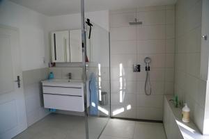 un bagno con doccia, lavandino e specchio di Ferienwohnung-Monteurwohnung in Einbeck-Kreiensen a Einbeck Altre 15 foto