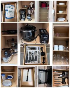 a collage of photos of a kitchen with a pot and appliances at Cherry Grove 1BR screened porch 2nd Floor view in Myrtle Beach