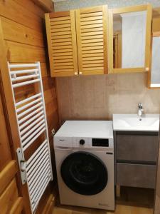 une petite cuisine avec une machine à laver et un évier dans l'établissement Chalet Paolina proche le Grand Bornand et la Clusaz, à Glières-Val-de-Borne