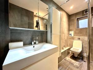 Un baño con un gran lavabo blanco y un inodoro. en Laburnum House-Comfortable Rooms Near City of London, en Londres