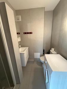 a small bathroom with a toilet and a sink at Escapade Familiale - parking privé - 25 min de Bâle in Mulhouse