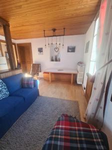 un salon avec un canapé bleu et une table dans l'établissement La Chanterelle Apartment, à Morzine
