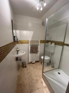 un bagno con doccia, lavandino e WC di Masionette Wohnung in Weinregion 30 min südlich von Wien a Gumpoldskirchen