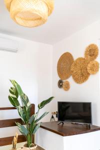 a living room with a tv and a plant at Anastasia's House in Ouranoupoli
