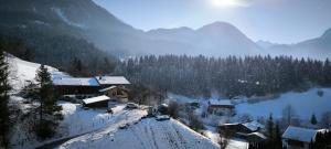 a snow covered valley with houses and a mountain at Selauerbauer in Lofer