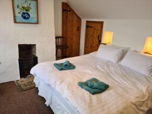a bedroom with a bed with towels on it at Character cottage with spectacular views in Church Stoke