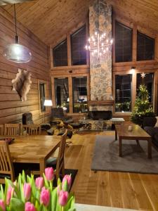 伊德勒Idre Mountain Lodge with Sauna by Golf course的带桌子和壁炉的客厅
