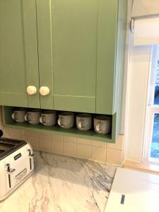 a kitchen with green cabinets and a counter top at Spacious Apartment in Central Edinburgh in Edinburgh