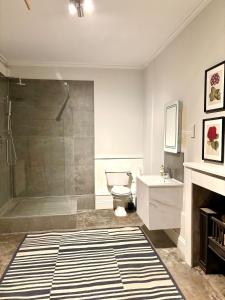 a bathroom with a shower and a toilet and a sink at Spacious Apartment in Central Edinburgh in Edinburgh +20 photos