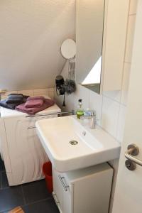 a bathroom with a sink and a mirror and a bed at Studio an der Ilmenau in Lüneburg +17 photos