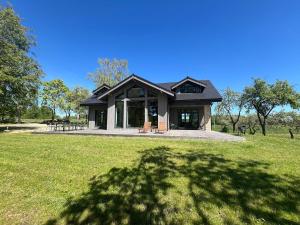 a house sitting on top of a lush green field at Kaimukas - lake house for 15 persons 5 bedrooms in Dvarčėnai