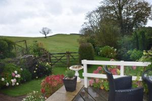 a garden with a white bench and some flowers at Frogwell in Strete