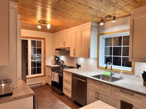 a kitchen with a sink and a stove top oven at Le Grand Boisé in Saint Zenon