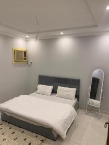 a bedroom with a bed and a mirror in it at شقة للإيجار شهري اسبوعي يومي تبعد عن الحرم المكي 4 كيلو-قريبة من قطار الحرمين قريبة من محطة باصات رئيسية in Aţ Ţunḑubāwī