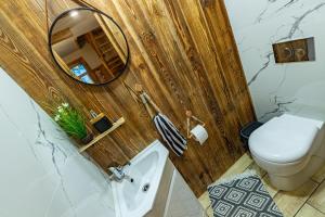 a bathroom with a toilet and a mirror at Mīļpirtiņa Guguči in Straupe