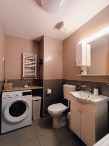 a bathroom with a toilet a sink and a washing machine at MV Dreams, free parking in Novi Sad