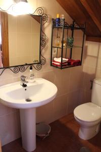 a bathroom with a sink and a toilet and a mirror at Casa El Acebo in Muros de Nalón +13 photos