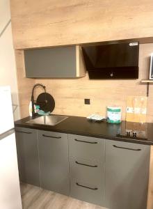 una cocina con fregadero y microondas en Apartment Neesi, en Pristina 4 fotos más