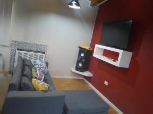 a living room with a couch and a flat screen tv at Sosiego Patagonico dpto A in Perito Moreno