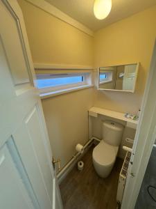 a small bathroom with a toilet and a window at Cosy 2bed home near NEC BHX HS2 Business Park in Marston Green +24 photos