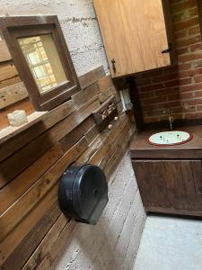 a bathroom with a sink and a toilet and a mirror at CABAÑA LUZ-CIERNAGA in El Carmen