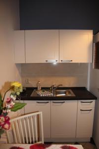 eine Küche mit weißen Schränken und einem Waschbecken in der Unterkunft Ferienwohnung im Stieg 4 in Quedlinburg