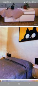 dos fotos de un dormitorio con una cama y una foto de un gato en Departamento katzen, en Alta Gracia