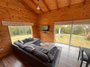 a living room with a couch in a log cabin at Cabaña visión in Ralún