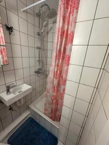a bathroom with a shower and a sink and a tub at Monteurzimmer 1 - Little Afrika in Minden