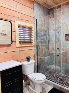 a bathroom with a toilet and a shower at Turkey Creek Cabin Rentals #2 at Tims Ford lake in Tullahoma +57 photos