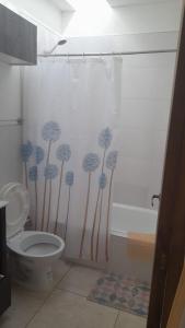 y baño con cortina de ducha y aseo. en Casa con Patio y Parrilla Zona Golf, en Villa Gesell 6 fotos más