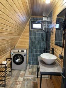 a bathroom with a sink and a washing machine at Cottage Pasanauri in Passanauri +10 photos
