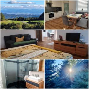 a collage of pictures of a living room and kitchen at HOAMATGEFÜHL Naturpark Jauerling-Wachau in Maria Laach am Jauerling