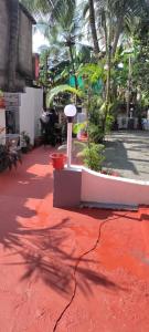 Rock View Palace Lighthouse Beach Resort في تريفاندروم: منطقة مغطاة بالسجاد الأحمر مع طاولة وأشجار النخيل