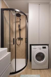 a shower in a bathroom with a washing machine at NOVIGRAD Ema 2 in Novigrad Istria +3 photos