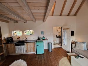 a kitchen and living room with wooden ceilings at De Strandkorf in Roodeschool